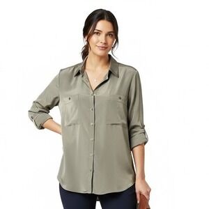 Studio Works Blouse XL Button-Up Shirt Green Tabbed Sleeve Utility Outdoorsy New
